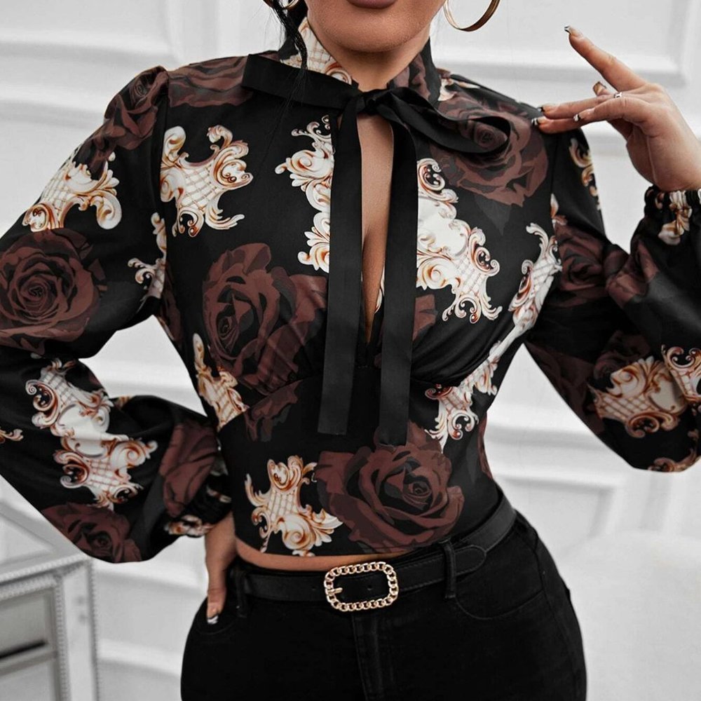 FloralLantern Sleeve Tie Neck Blouse - Picture 4 of 5